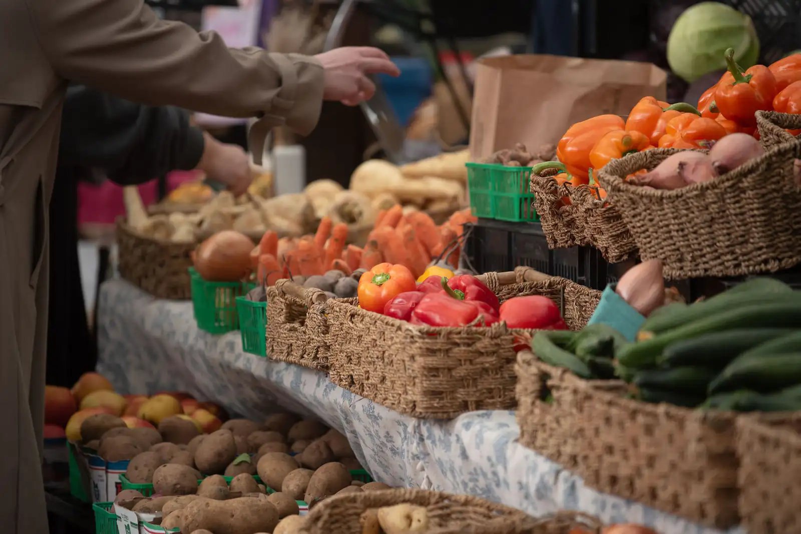 Baskets of colourful vegetables at a farmers market in Toronto