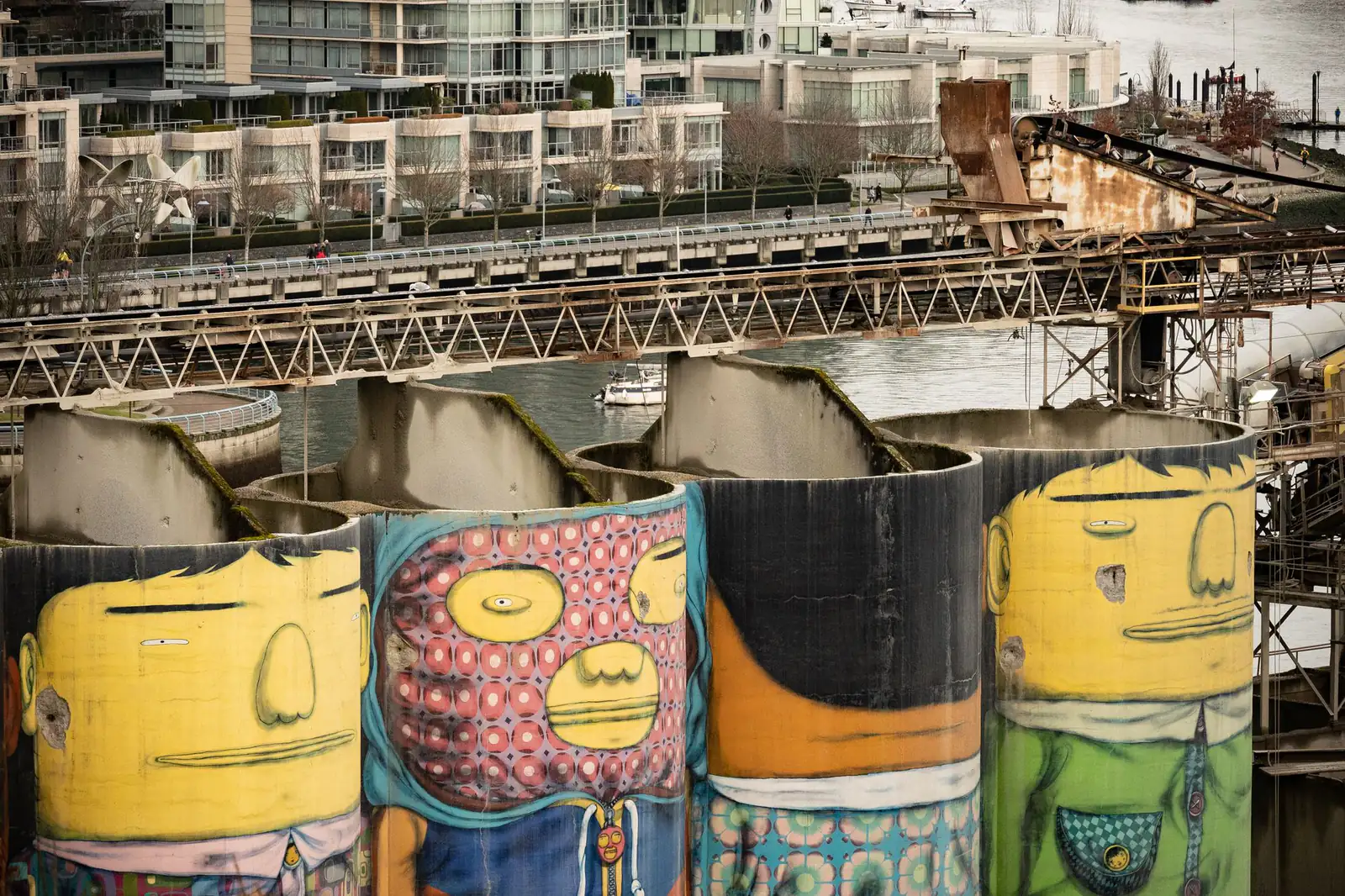 Painted industrial silos on Granville Island in Vancouver, turned into large colourful public art