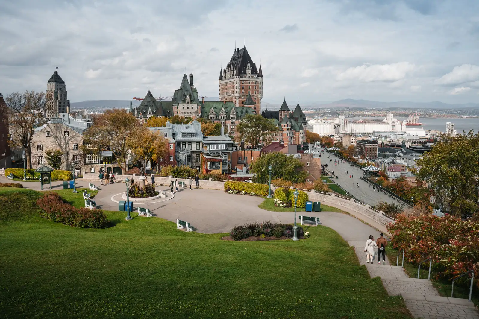 Château Frontenac rising above the rooftops and green terraces of Old Québec