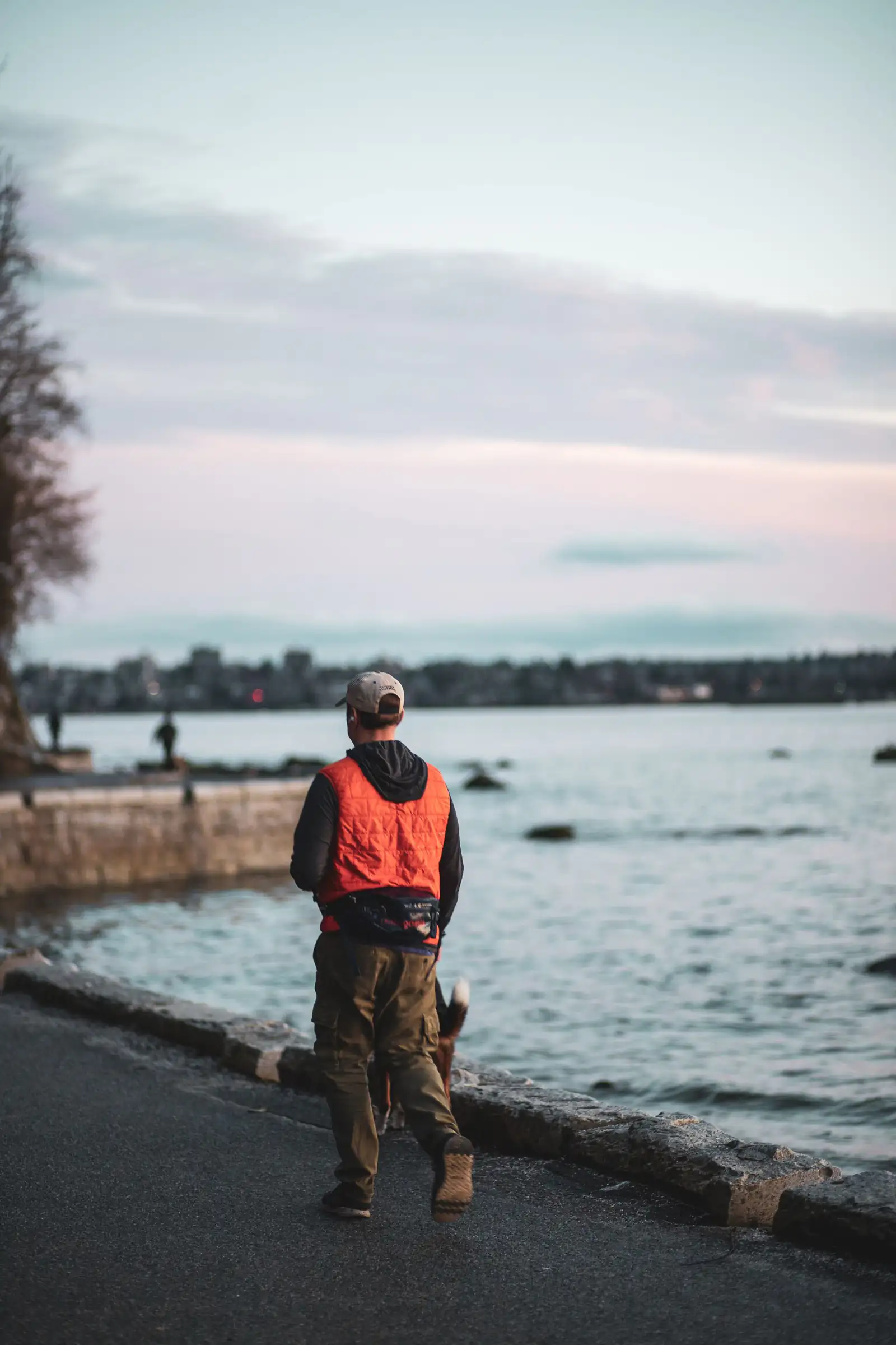 A person looking out over the water from the Stanley Park seawall at dusk