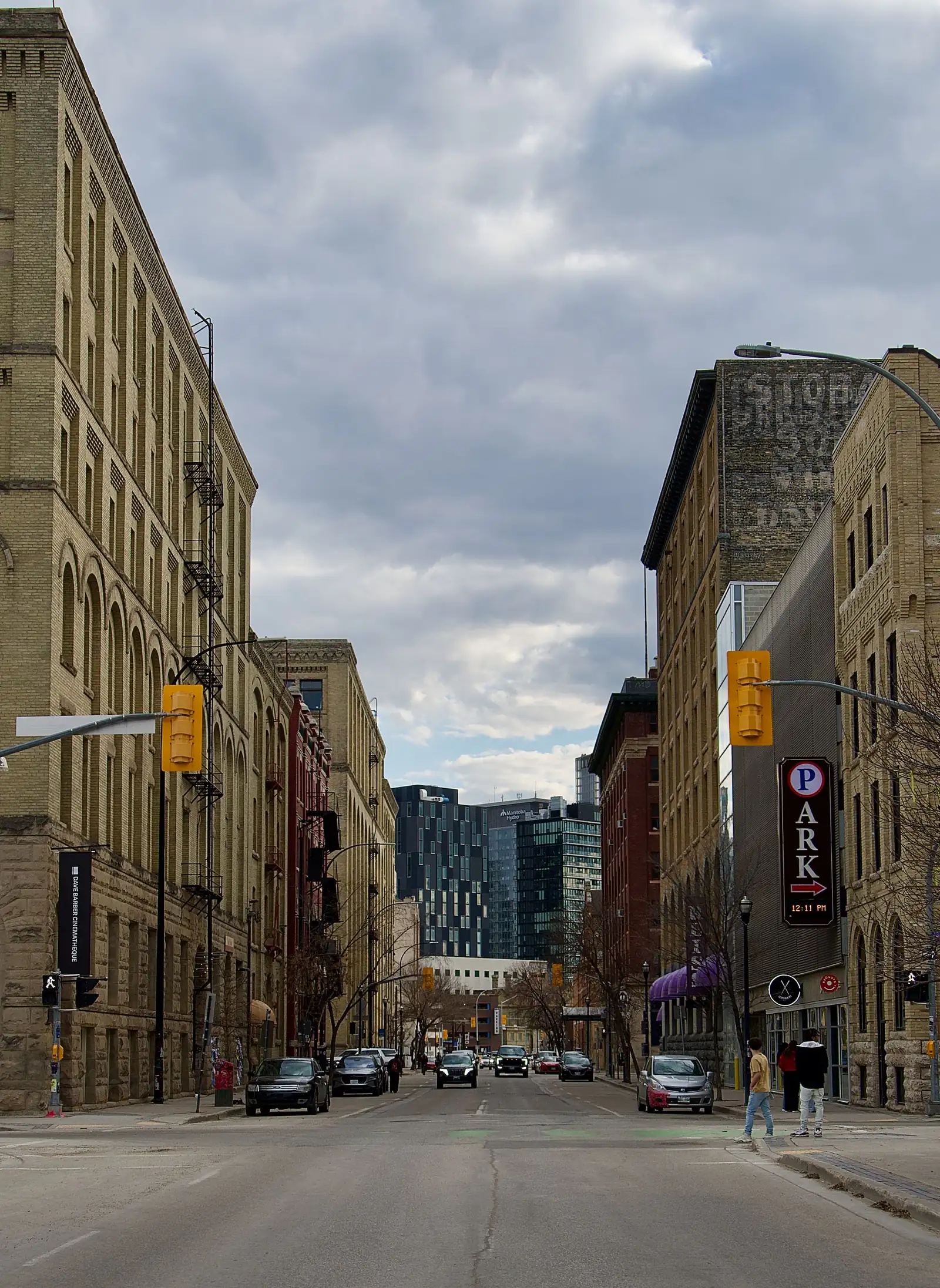 Historic brick buildings along a downtown Winnipeg street